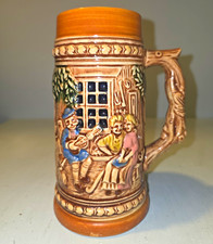 Vintage German High-Relief Ceramic Beer Stein with Valkyrie/Norse Battle Scene, 'Lebensmüd', Twig Handle, No Lid — listing 3