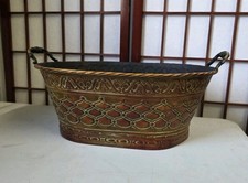 Vintage Embossed Copper Cachepot Planter with Floral Motif