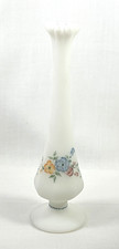 Fenton Custard Satin Glass Ruffled Vase, Hand-Painted Floral, 11 inch