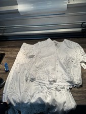 Cream Lace Eyelet Crochet-Trim Long-Sleeve Boho Blouse, Size M — listing 2