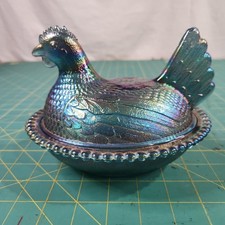 Indiana Glass Iridescent Blue Carnival Glass Hen on Nest Covered Dish — listing 4