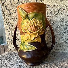 Roseville Pottery Water Lily Two-Handled Vase, Shape 79-9, Brown/Rust Colorway — listing 3