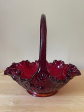 Vintage Ruby Red Glass Pinch-Sided Basket with Applied Clear Twist Handle — listing 5