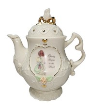 Precious Moments Style Ceramic Teapot with Boy and Girl Relief Design and Heart Finial — listing 2