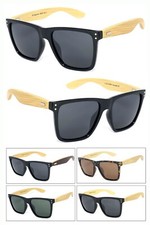 Pair of Tortoise Shell Wayfarer-Style Sunglasses with Bamboo/Wood Temples and Blue Mirror Lenses — listing 2