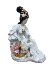 Asian-Themed Porcelain Collector Doll in Blue Brocade Kimono with Pillow