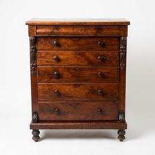 Antique American Empire Flame Mahogany Chest of Drawers with Carved Pineapple Columns and Paw Feet — listing 2