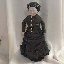 Vintage Porcelain Head Doll Ornament in Red Dress with Lace Bonnet and Apron — listing 3