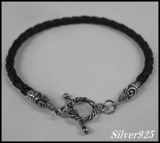 Sterling Silver 925 Black Leather Cuff Bracelet with Openwork Filigree ID Bar, 1/2" Wide — listing 6