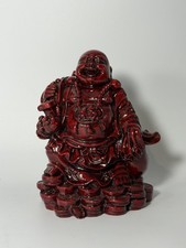 Vintage Laughing Buddha Figurine Holding Sack and Ruyi Scepter, Red Resin/Cinnabar-Style, ~4 inches — listing 5