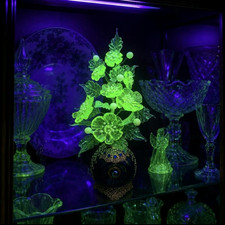 Vintage Uranium Glass Flower Frog, 16-Hole Round Green Glass, 4.5 inch, listing 2