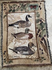 Vintage Woven Cotton Tapestry Throw Blanket with Ducks, Cattails, and Retriever Dog Cabin/Lodge Motif — listing 2
