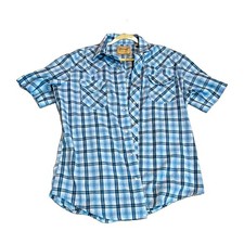 Wrangler Western Shirts Men's Short Sleeve Pearl Snap Plaid Shirt, Teal/Blue