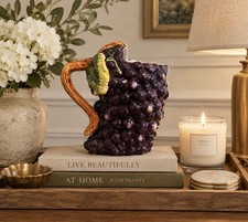 Vintage Majolica-Style Grape & Leaf Relief Pitcher, Brown & Green Drip Glaze — listing 5