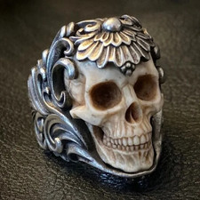 Adjustable Skull Signet Band Ring on Ball Chain, Antiqued Silver-Tone — listing 2