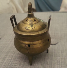 Vintage Chinese Brass Tripod Censer/Incense Burner with Handles and Engraved Bird & Foliage Motif, Xuande Reign Mark — listing 4