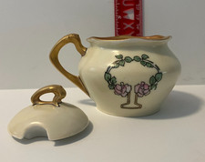 Ivory Porcelain Covered Sugar Bowl with Embossed Pink Orchid and Gold Trim — listing 3