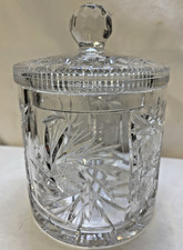 Cut Crystal Lidded Biscuit Barrel / Covered Jar with Diamond and Fan Pattern