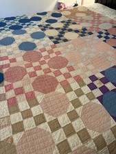 Handmade Patchwork Quilt, Botanical Green/Blue/Yellow Block Design with Stipple Machine Quilting — listing 3