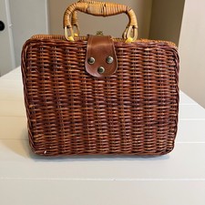 Vintage 1960s Black Wicker Box Purse with Faux Pearl & Brass Studs, Leather Trim, Made in Hong Kong — listing 3