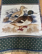 Vintage Woven Cotton Tapestry Throw Blanket with Ducks, Cattails, and Retriever Dog Cabin/Lodge Motif