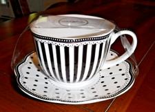 Vintage Pink & White Polka Dot Porcelain Picnic Tea Set for 4 with Wicker Basket, listing 5