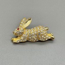 Pair of Figural Bunny Rabbit Brooch Pins with Faux Pearl Body and Rhinestone Accents — listing 2