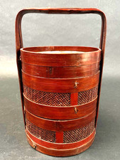Chinese Tiered Wedding Basket with Porcelain Inset Lid, Painted Lacquered Wood — listing 2