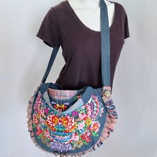 Handmade Denim Tote Bag with Embroidered Hummingbird & Floral Design, Floral Lining, 12 x 13 in, listing 3