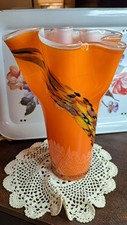 Cased Art Glass Ruffled Handkerchief Vase, Orange to Opalescent White with Swirled Clear Foot