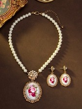 Vintage Oval Floral Cameo Pendant with Reverse-Painted Rose Motif Under Domed Glass — listing 2