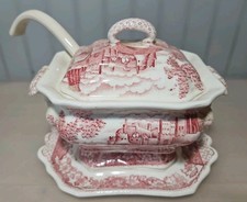 Red/Pink Transferware Covered Vegetable Tureen with Castle Ruins Scene — listing 4