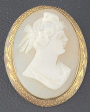 Antique Carved Shell Cameo Brooch of Classical Woman in Filigree Frame — listing 2