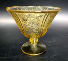 Vintage Yellow Topaz Depression Glass Covered Candy Dish with Embossed Roses & Pointed Finial
