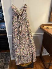 Dress Forum Los Angeles Champagne Pink Satin Maxi Dress, Small, Long Sleeve Ruched Bodice with Button Detail — listing 4