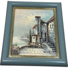 Framed Mediterranean Coastal Village Print (Portofino/Amalfi Style), Cherry Wood Frame with Teal Mat — listing 5