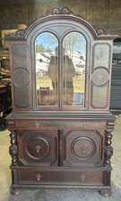 Antique Oak Two-Piece Hutch Cabinet with Glass-Door China Top and Cupboard Base