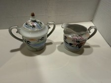 Antique Japanese Satsuma-Style Hand-Painted Mt. Fuji Lidded Sugar Bowl