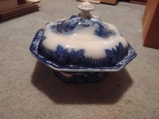 Antique Flow Blue Footed Compote / Fruit Comport with Handles, 6" H x 11" W — listing 2