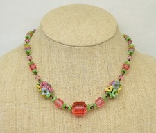 Vintage Pink & White Glass Flower Cluster Bead Necklace with Brass Bar Chain
