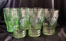 Vintage Green Uranium Glass Tumbler with Etched Floral Design, 5.5 inches — listing 5