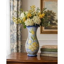 Hand-Painted Mediterranean Ceramic Vase with Yellow Ground and Green Grape Leaf & Floral Motif