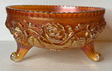 Marigold Carnival Glass Three-Footed Rose Bowl with Daisy/Cabbage Rose Pattern — listing 5