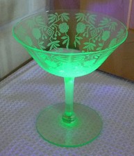 Uranium Green Glass Water Goblet with Thumbprint/Coin Dot Pattern, 5 inch