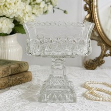 Vintage Pressed Glass Square Pedestal Covered Compote / Wedding Box with Steeple Finial — listing 3