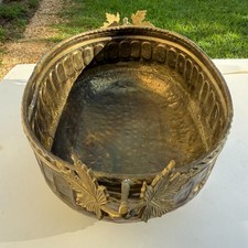 Antique Brass Jardinière Planter with Repoussé Leaf Design, 12" Wide — listing 3