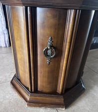 Vintage Octagonal Two-Tier Side Table with Beveled Glass Display Top and Brass Fluted Columns — listing 6
