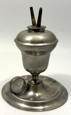 Vintage Pewter Tavern-Style Table Lamp with Hand-Painted Blue Ruffled Glass Shade — listing 4