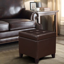 Cognac Brown Leather Upholstered Storage Ottoman / Footstool — listing 4