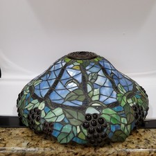 Vintage Tiffany-Style Leaded Stained Glass Dome Hanging Lamp Shade with Floral/Fruit Motif and Crown Finial — listing 4
